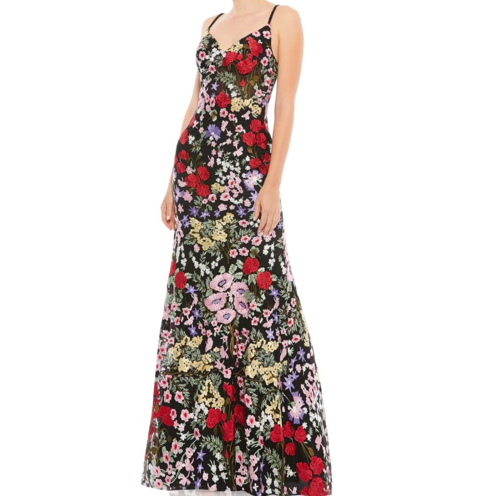 Mac Duggal Floral Embroidered Maxi Dress - Black, Red, Pink, Green